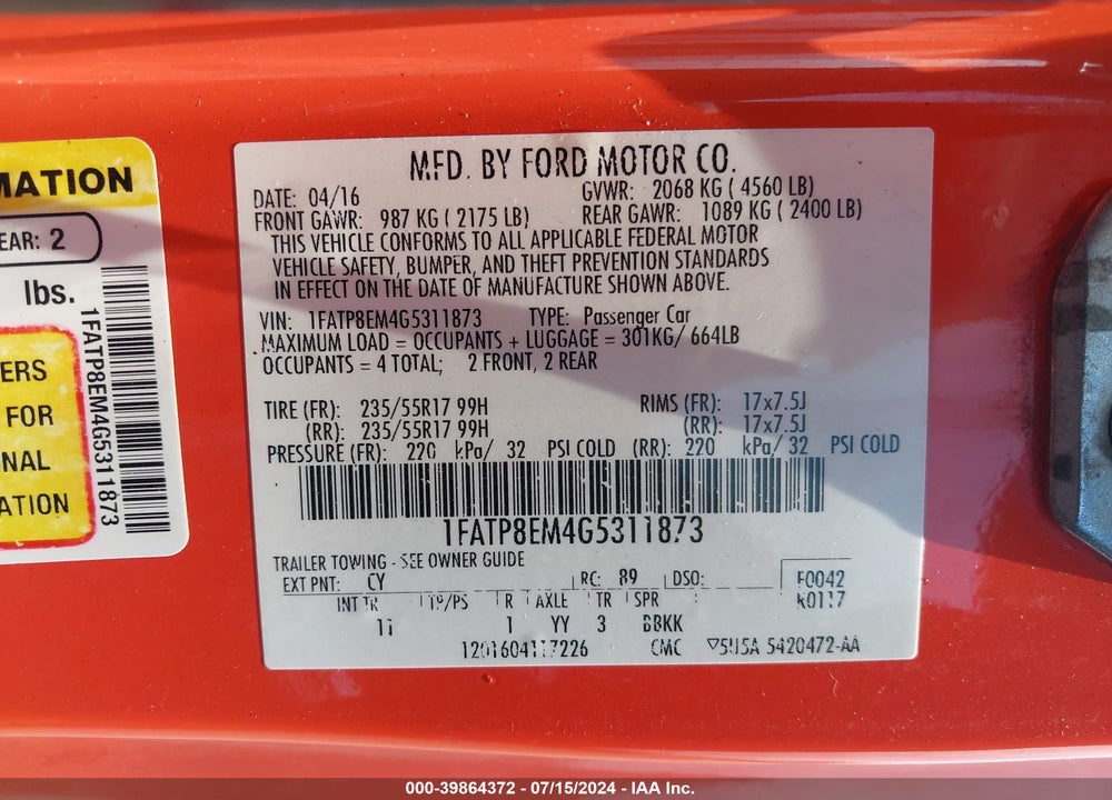 2016 FORD MUSTANG V6 VIN: 1FATP8EM4G5311873