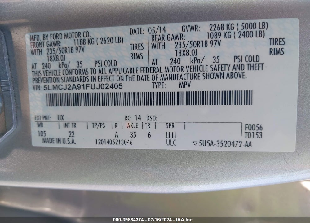2015 LINCOLN MKC VIN: 5LMCJ2A91FUJ02405