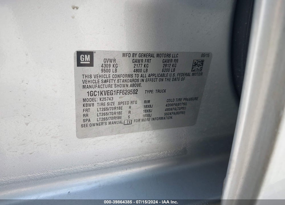 2015 CHEVROLET SILVERADO 2500HD LT VIN: 1GC1KVEG1FF629502