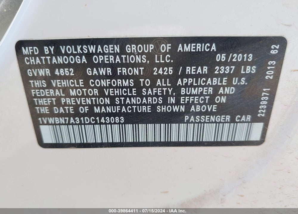 2013 VOLKSWAGEN PASSAT 2.0L TDI SE VIN: 1VWBN7A31DC143083