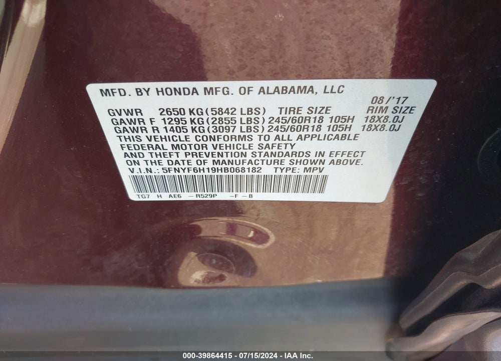 2017 HONDA PILOT LX VIN: 5FNYF6H19HB068182