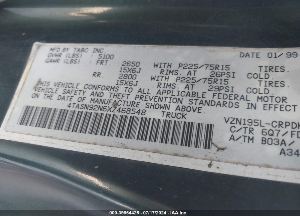 1999 TOYOTA TACOMA PRERUNNER V6 VIN: 4TASN92N6XZ468548