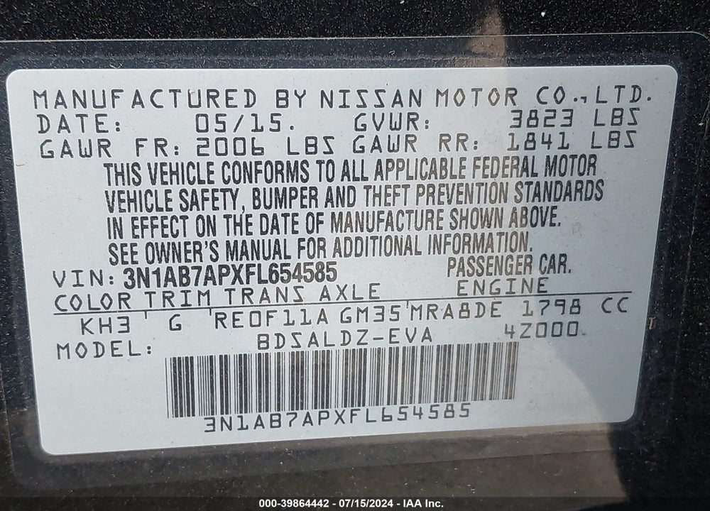 2015 NISSAN SENTRA FE+ S/S/SL/SR/SV VIN: 3N1AB7APXFL654585