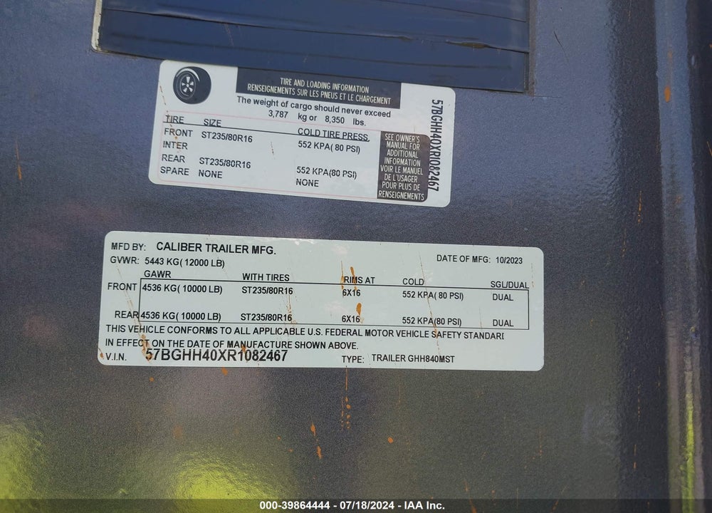 2024 CALIBER GOOSENECK TRAILER VIN: 57BGHH40XR1082467