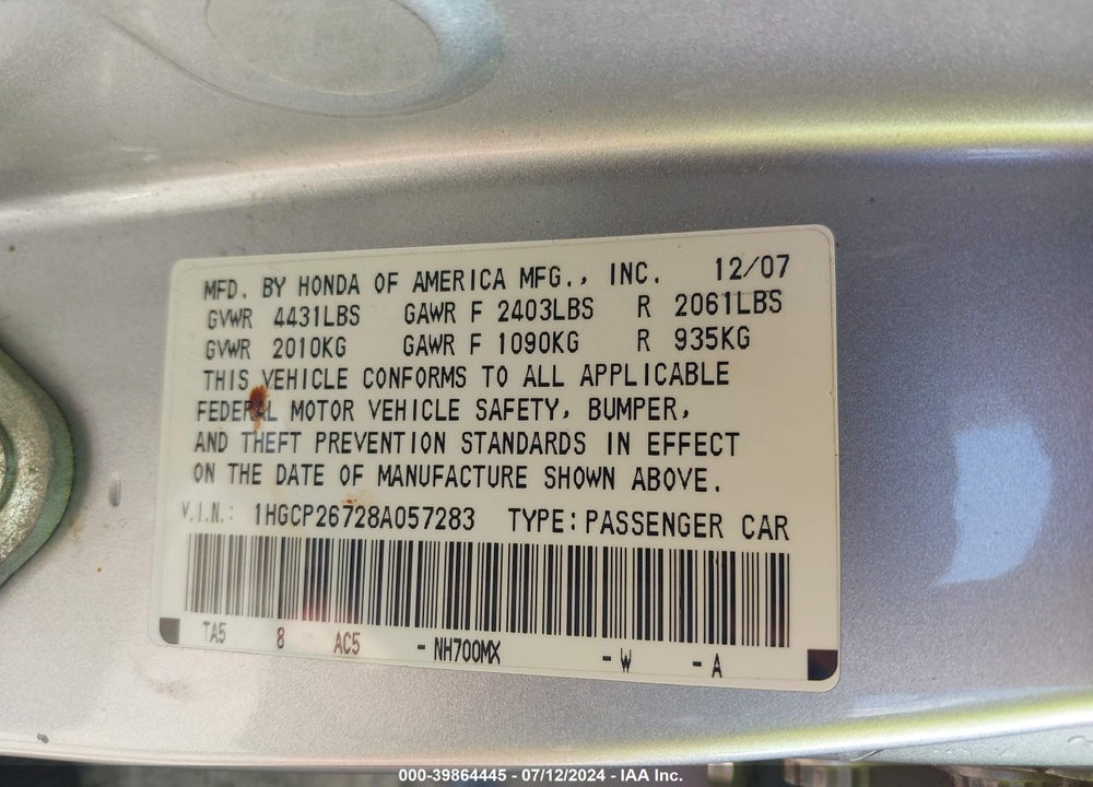 2008 HONDA ACCORD 2.4 EX VIN: 1HGCP26728A057283