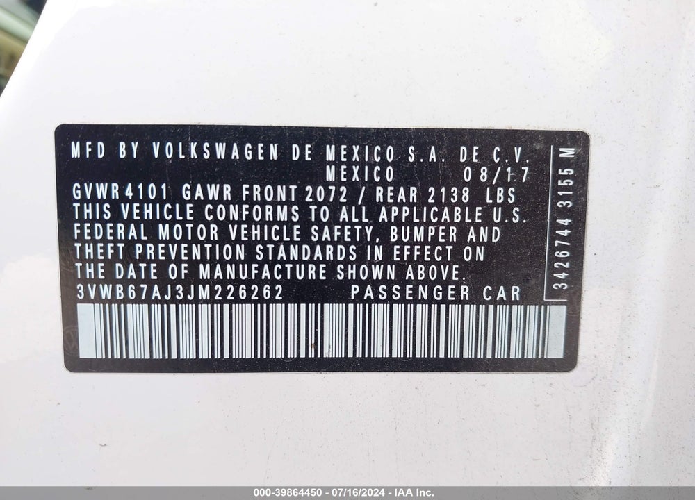 2018 VOLKSWAGEN JETTA 1.4T SE/1.4T WOLFSBURG EDITION VIN: 3VWB67AJ3JM226262