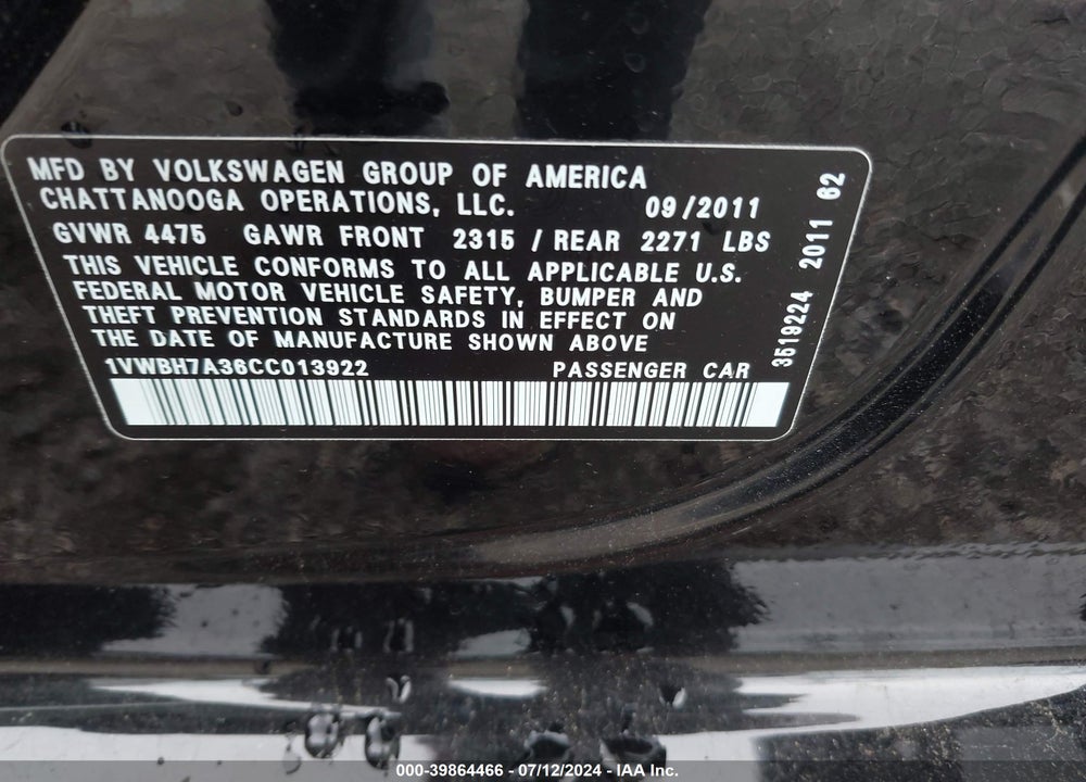 2012 VOLKSWAGEN PASSAT 2.5L SE VIN: 1VWBH7A36CC013922