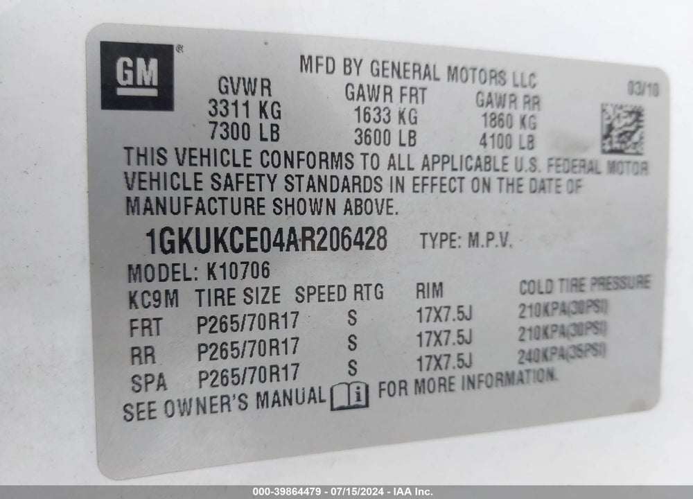 2010 GMC YUKON SLT VIN: 1GKUKCE04AR206428