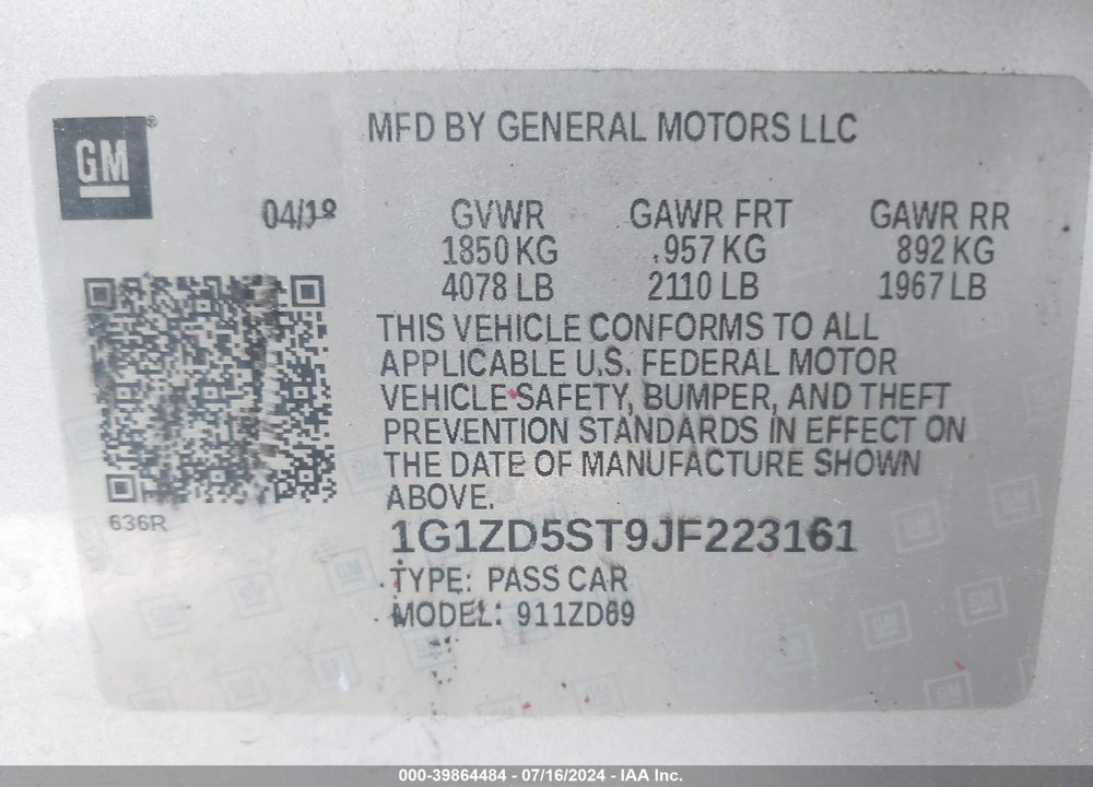 2018 CHEVROLET MALIBU LT VIN: 1G1ZD5ST9JF223161