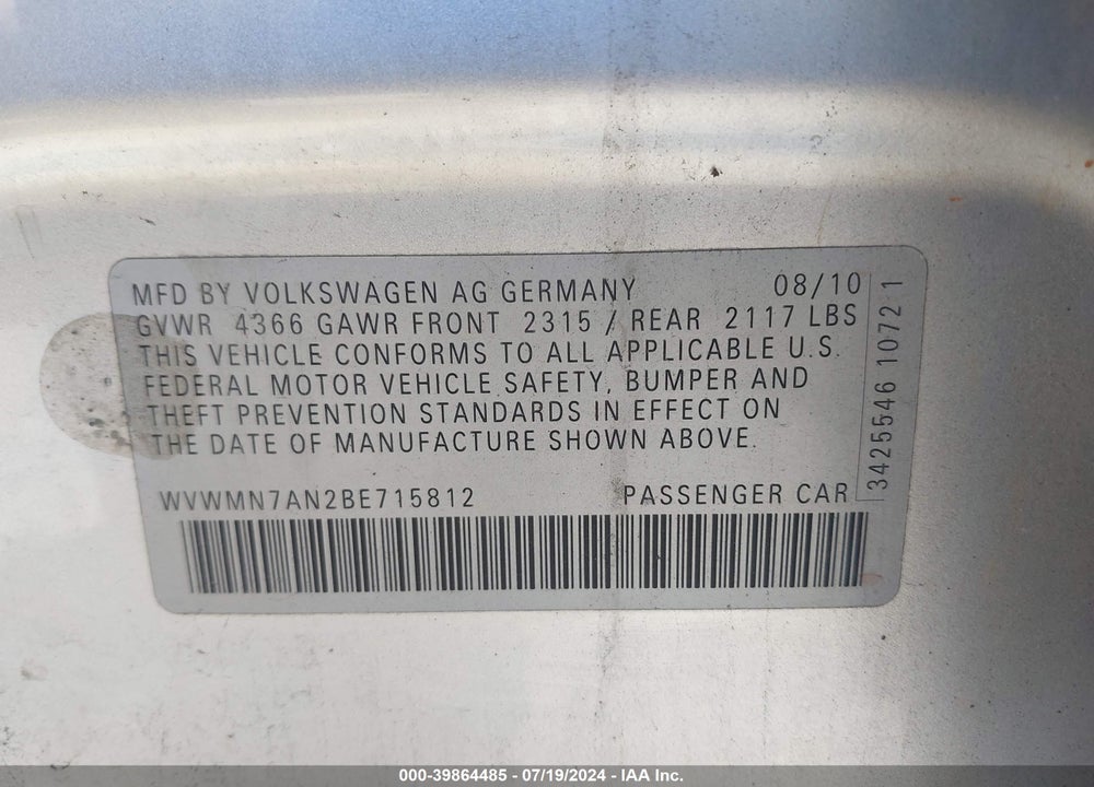 2011 VOLKSWAGEN CC SPORT VIN: WVWMN7AN2BE715812