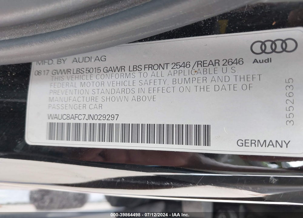 2018 AUDI A6 VIN: WAUC8AFC7JN029297