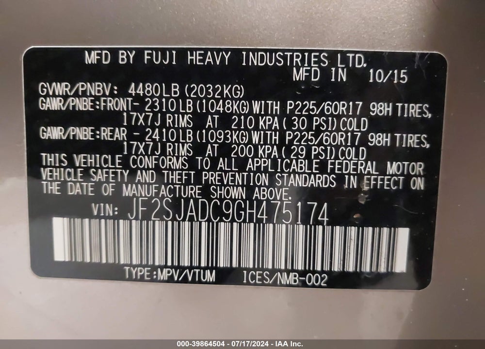 2016 SUBARU FORESTER 2.5I PREMIUM VIN: JF2SJADC9GH475174