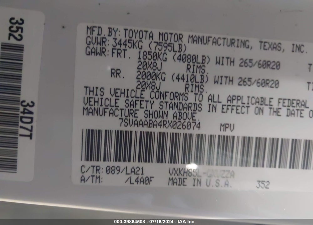 2024 TOYOTA SEQUOIA PLATINUM VIN: 7SVAAABA4RX026074