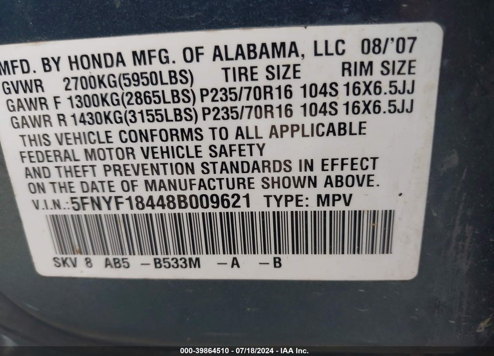 2008 HONDA PILOT EX VIN: 5FNYF18448B009621