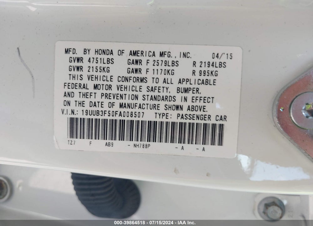 2015 ACURA TLX V6 TECH VIN: 19UUB3F50FA008507