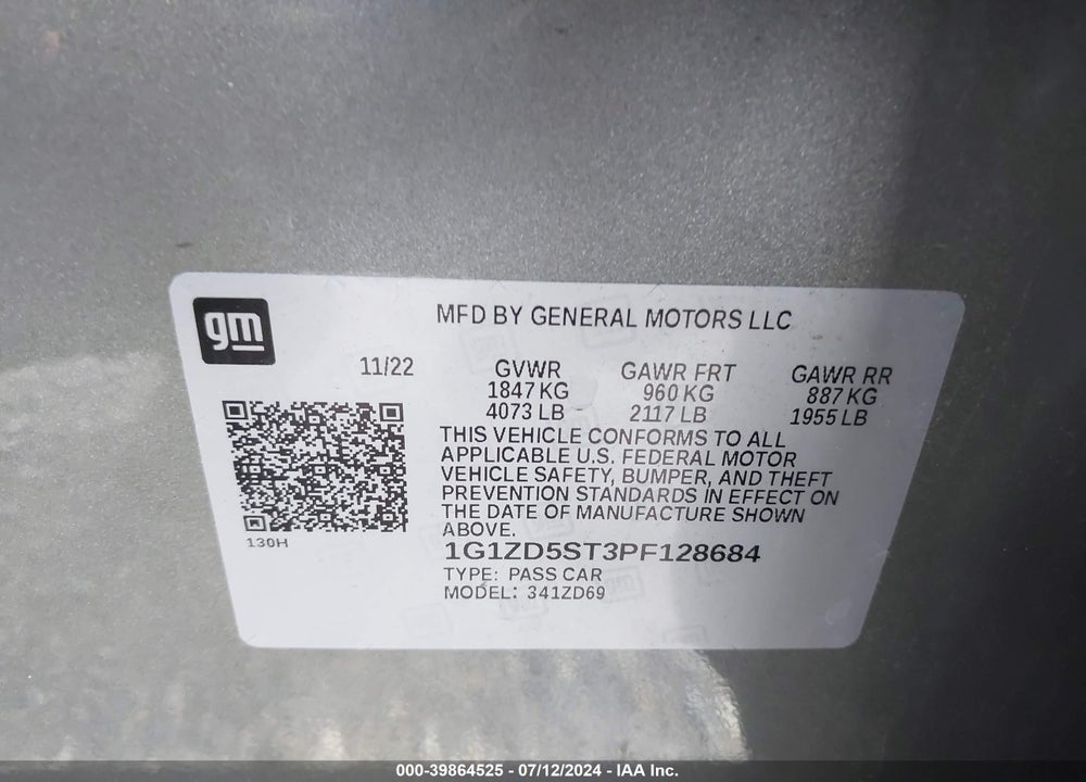 2023 CHEVROLET MALIBU FWD 1LT VIN: 1G1ZD5ST3PF128684