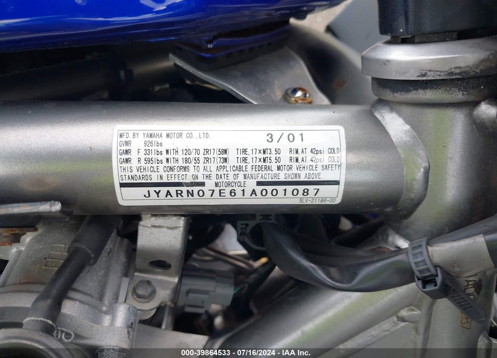 2001 YAMAHA FZS10 VIN: JYARN07E61A001087