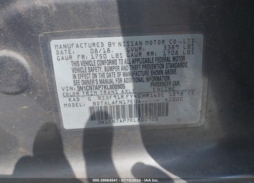 2019 NISSAN VERSA 1.6 S+ VIN: 3N1CN7AP7KL800905