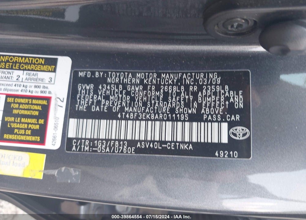 2010 TOYOTA CAMRY LE VIN: 4T4BF3EK8AR011195