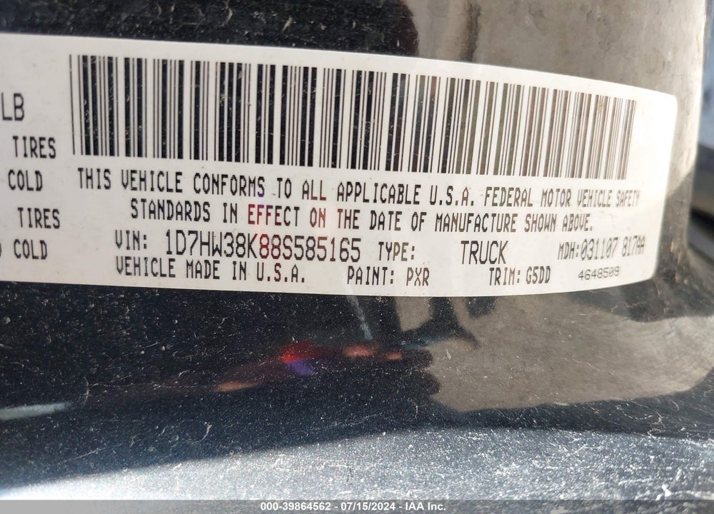 2008 DODGE DAKOTA SXT/BIGHORN/LONESTAR VIN: 1D7HW38K88S585165