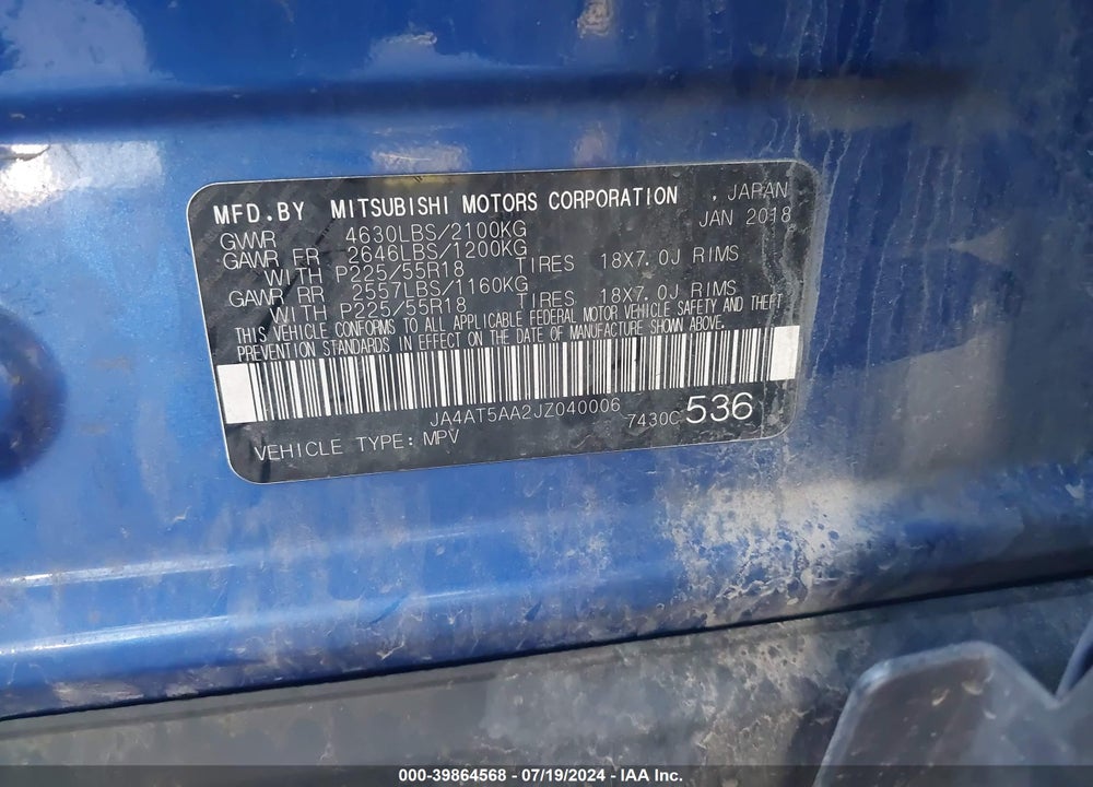 2018 MITSUBISHI ECLIPSE CROSS SE VIN: JA4AT5AA2JZ040006