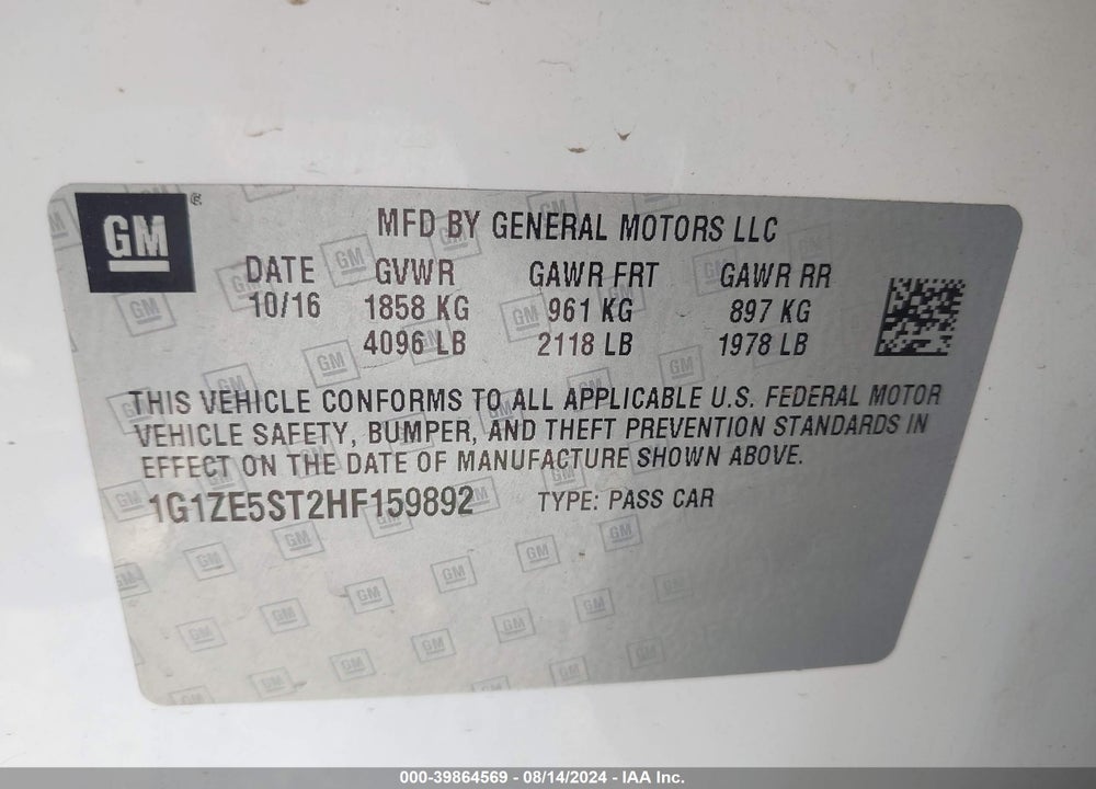 2017 CHEVROLET MALIBU 1LT VIN: 1G1ZE5ST2HF159892