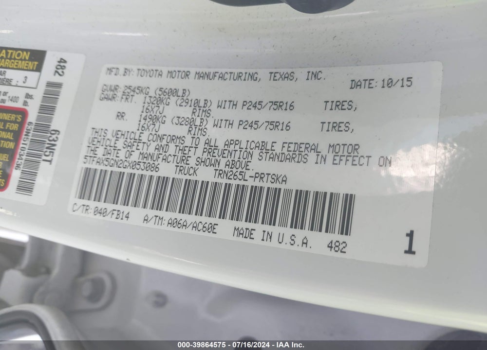 2016 TOYOTA TACOMA SR VIN: 5TFAX5GN2GX053086