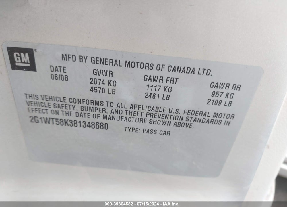 2008 CHEVROLET IMPALA LT VIN: 2G1WT58K381348680