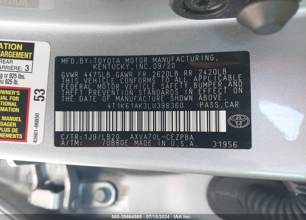 2020 TOYOTA CAMRY XSE VIN: 4T1K61AK3LU398360