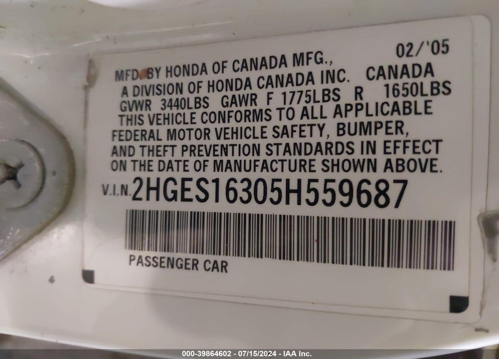 2005 HONDA CIVIC VP VIN: 2HGES16305H559687
