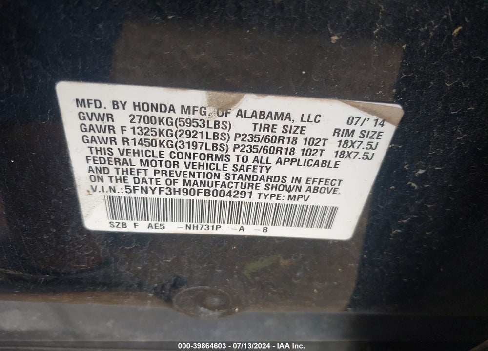 2015 HONDA PILOT TOURING VIN: 5FNYF3H90FB004291