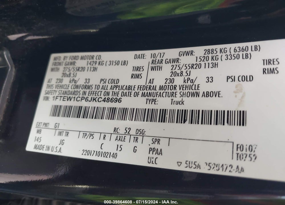 2018 FORD F-150 XL VIN: 1FTEW1CP6JKC48696