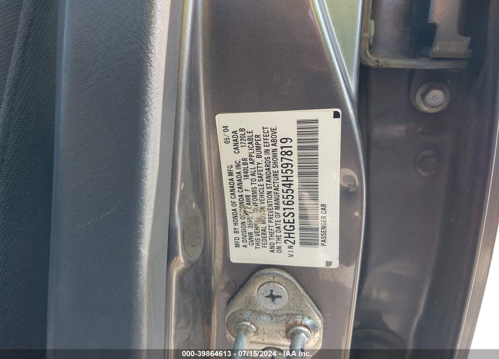 2004 HONDA CIVIC LX VIN: 2HGES16554H597819