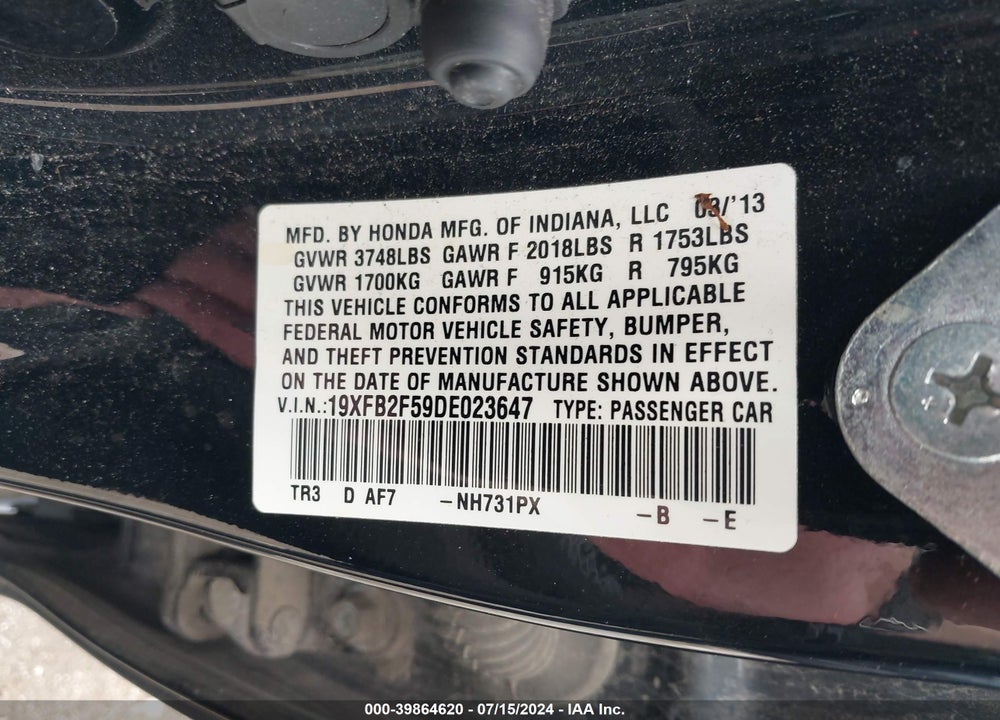 2013 HONDA CIVIC LX VIN: 19XFB2F59DE023647