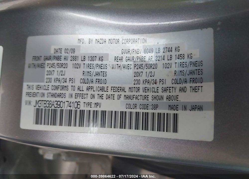 2009 MAZDA CX-9 GRAND TOURING VIN: JM3TB38A390174106