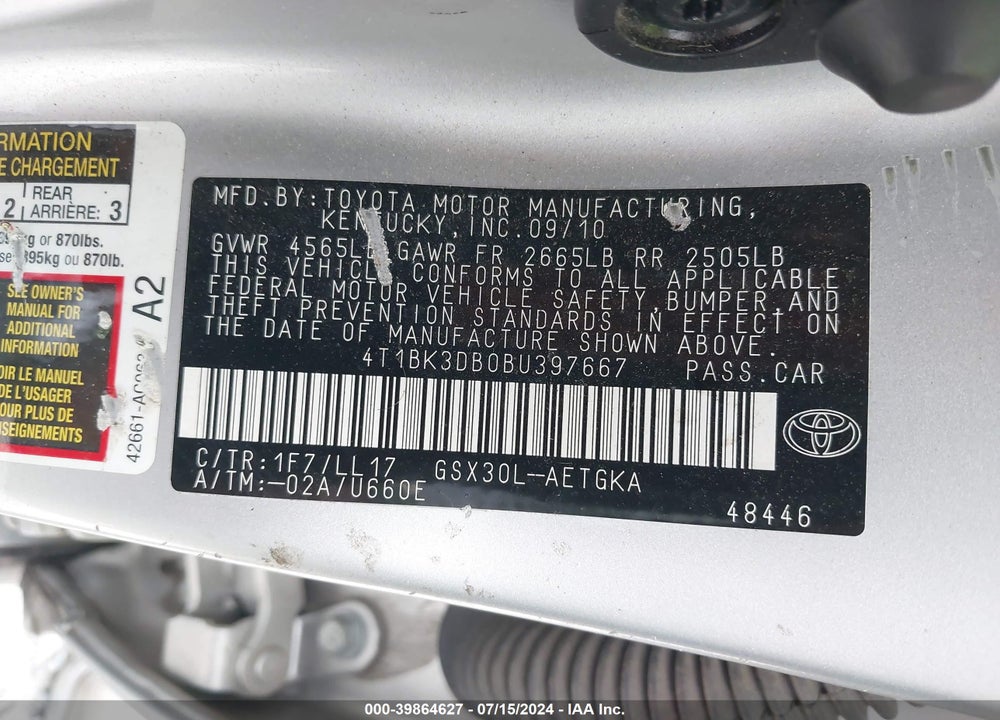 2011 TOYOTA AVALON VIN: 4T1BK3DB0BU397667