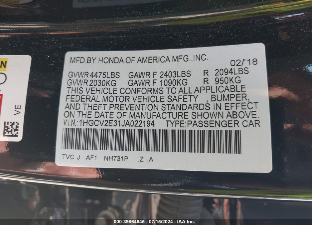 2018 HONDA ACCORD SPORT 2.0T VIN: 1HGCV2E31JA022194
