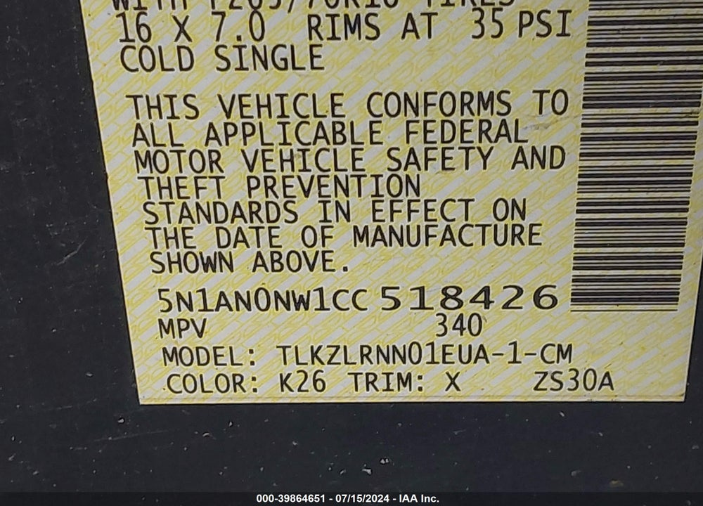 2012 NISSAN XTERRA S VIN: 5N1AN0NW1CC518426