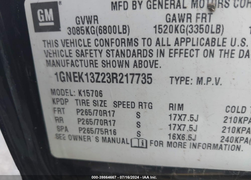 2003 CHEVROLET TAHOE Z71 VIN: 1GNEK13Z23R217735