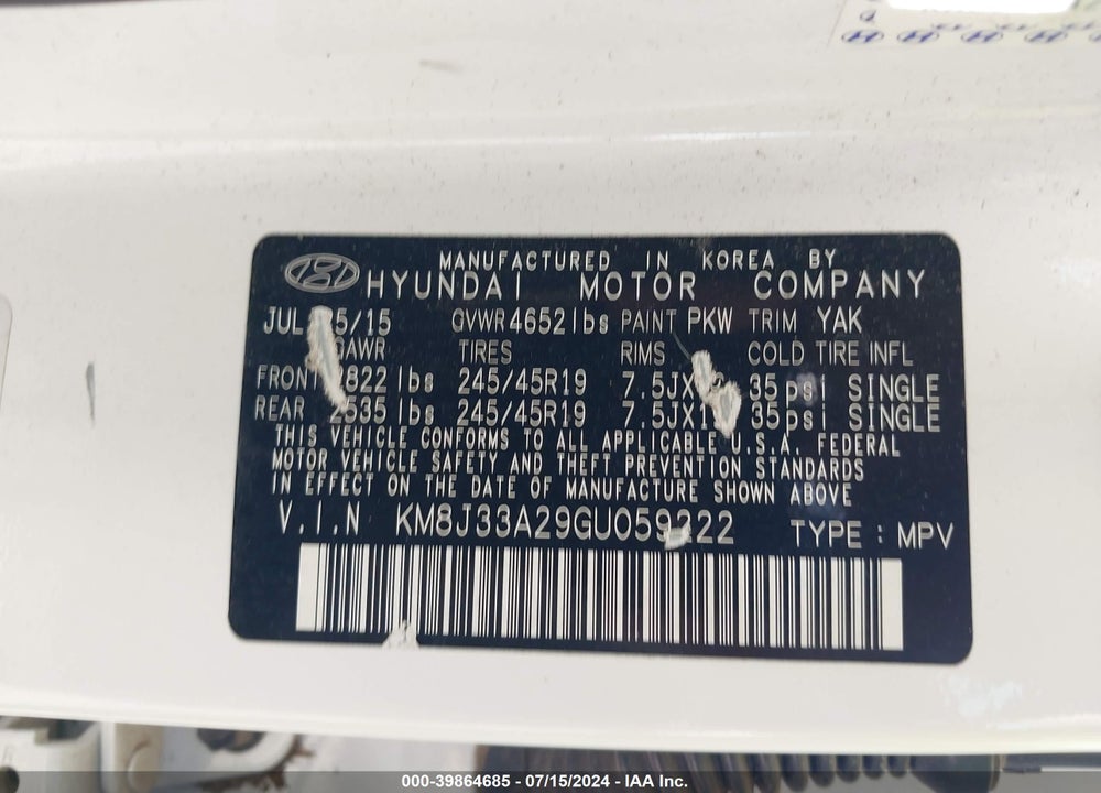 2016 HYUNDAI TUCSON LIMITED VIN: KM8J33A29GU059222