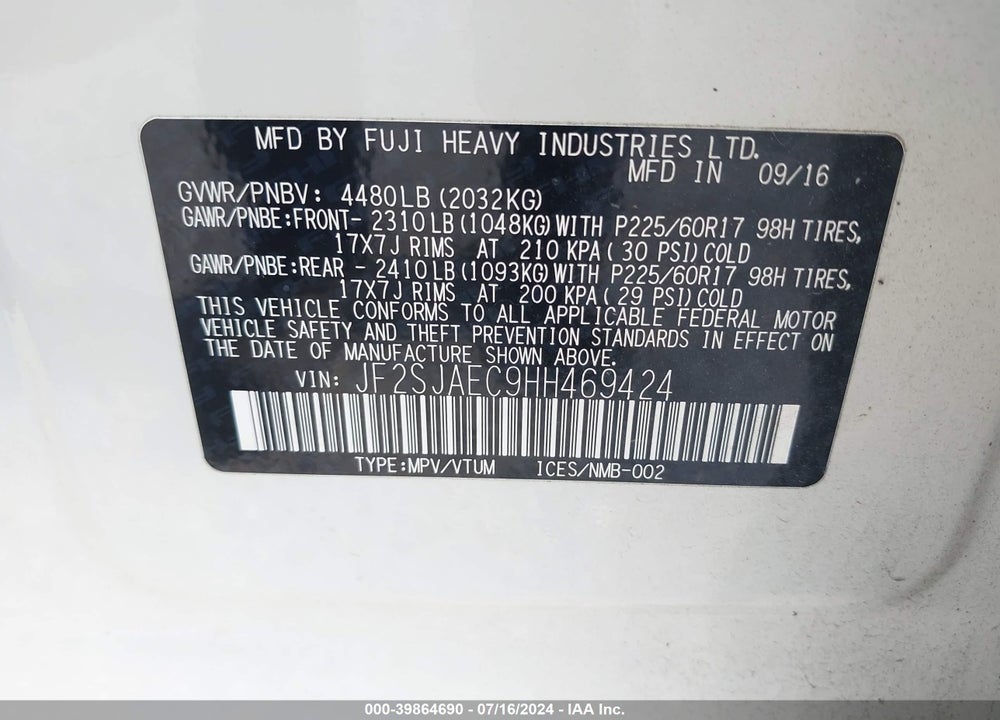 2017 SUBARU FORESTER PREMIUM VIN: JF2SJAEC9HH469424