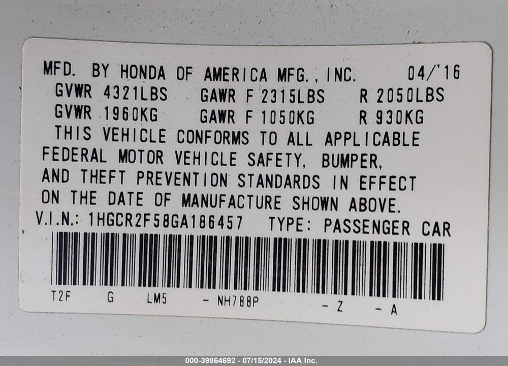 2016 HONDA ACCORD SPORT VIN: 1HGCR2F58GA186457