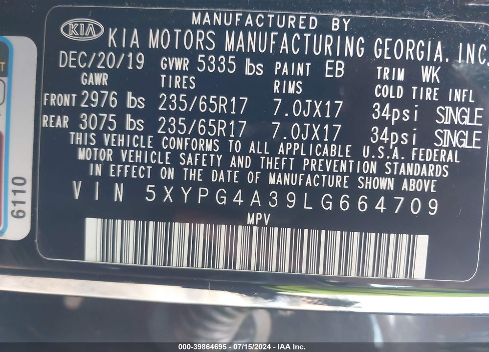 2020 KIA SORENTO 2.4L L VIN: 5XYPG4A39LG664709