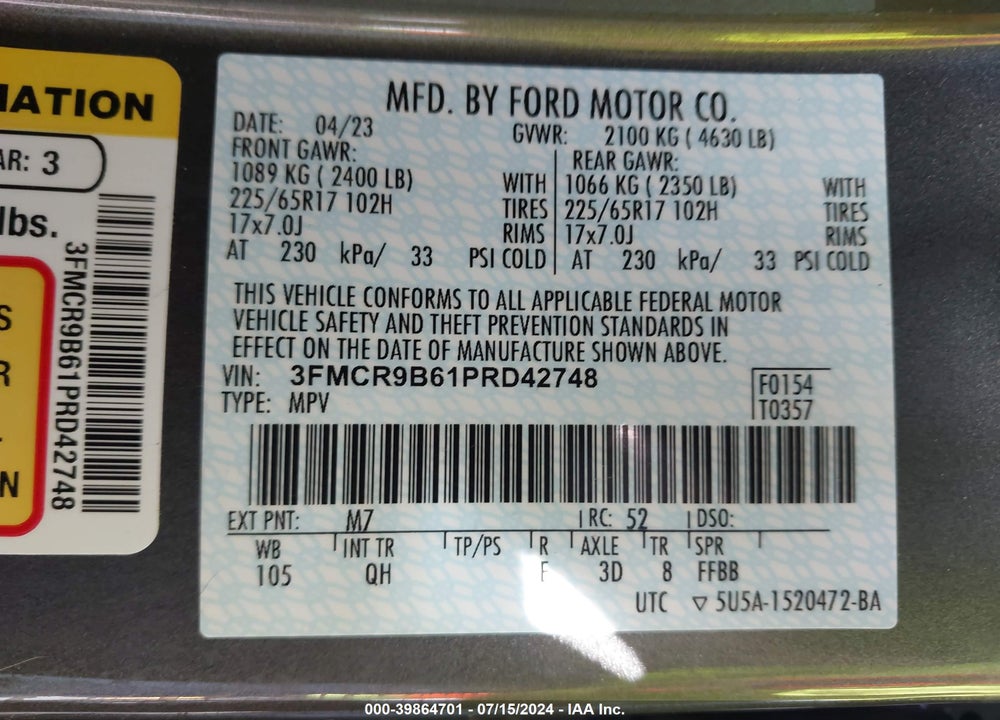 2023 FORD BRONCO SPORT BIG BEND VIN: 3FMCR9B61PRD42748