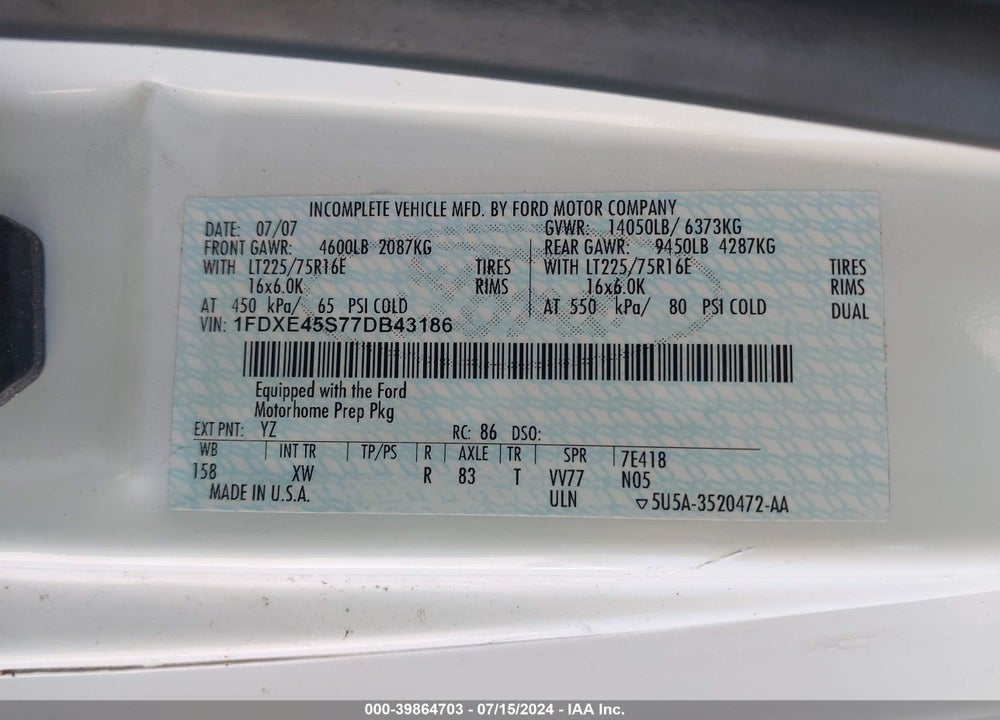 2008 FORD 25DB- GREYHAWK SPORT VIN: 1FDXE45S77DB43186
