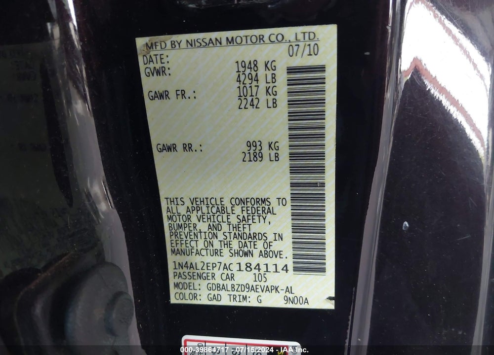 2010 NISSAN ALTIMA 2.5 S VIN: 1N4AL2EP7AC184114
