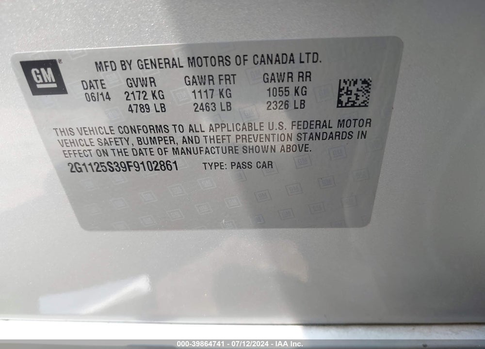 2015 CHEVROLET IMPALA 2LT VIN: 2G1125S39F9102861