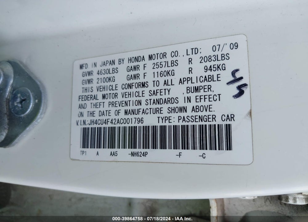2010 ACURA TSX 3.5 VIN: JH4CU4F42AC001796