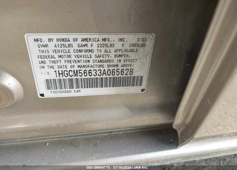 2003 HONDA ACCORD 2.4 EX VIN: 1HGCM56633A065628