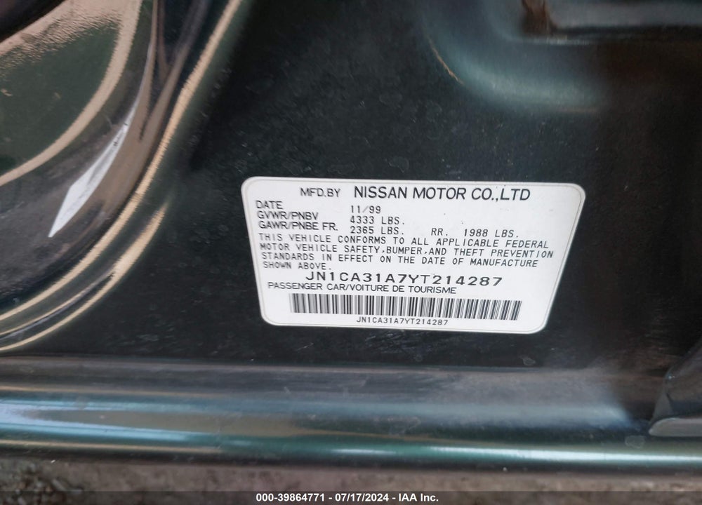2000 NISSAN MAXIMA GLE/GXE/SE VIN: JN1CA31A7YT214287